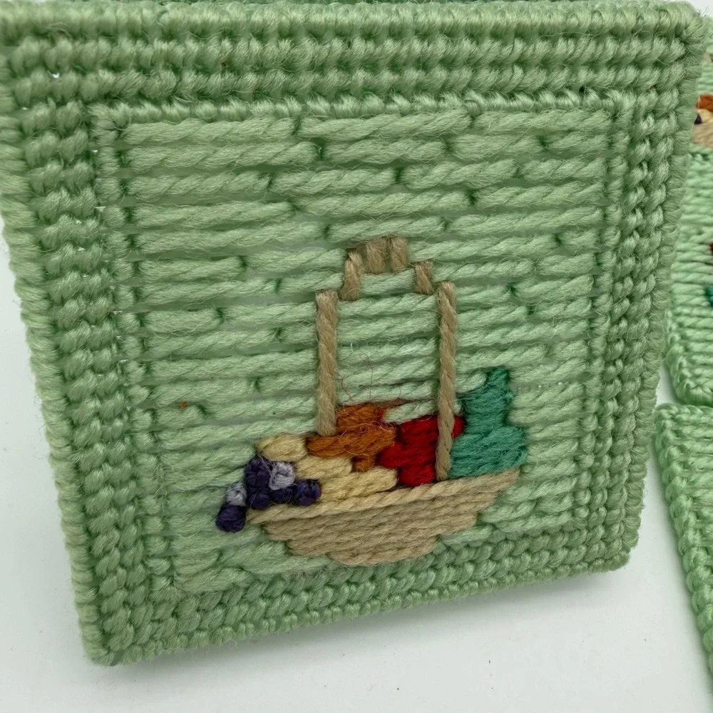 Handmade Needlepoint Coaster Set with Box‎ 8pc Mint Green Floral Vintage 4x4